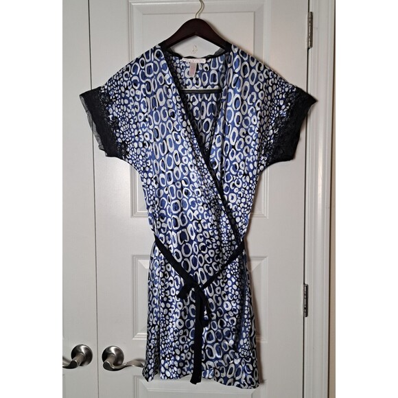 Oscar de la Renta Other - Oscar De La Renta Pink Label Women's Blue Leopard Lace Trim Mini Robe Size S